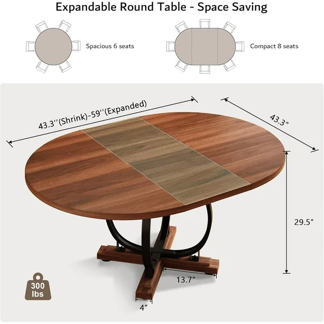iPormis 59'' Extendable Round Dining Table for 4 to 8, Kitchen Table with Sturdy X-Base Metal Legs