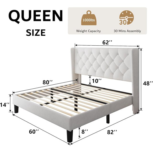 iPormis Bed Frame with Diamond Button Tufted Wingback Headboard, Upholstered Platform Bed Frame