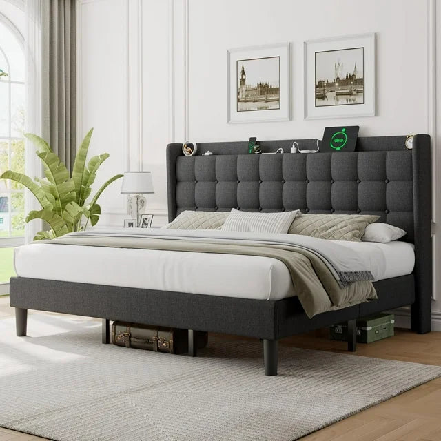 ipormis Full Size Bed Frame with Charging Station，Upholstered Platform Bed Frame with Wingback Storage Headboard