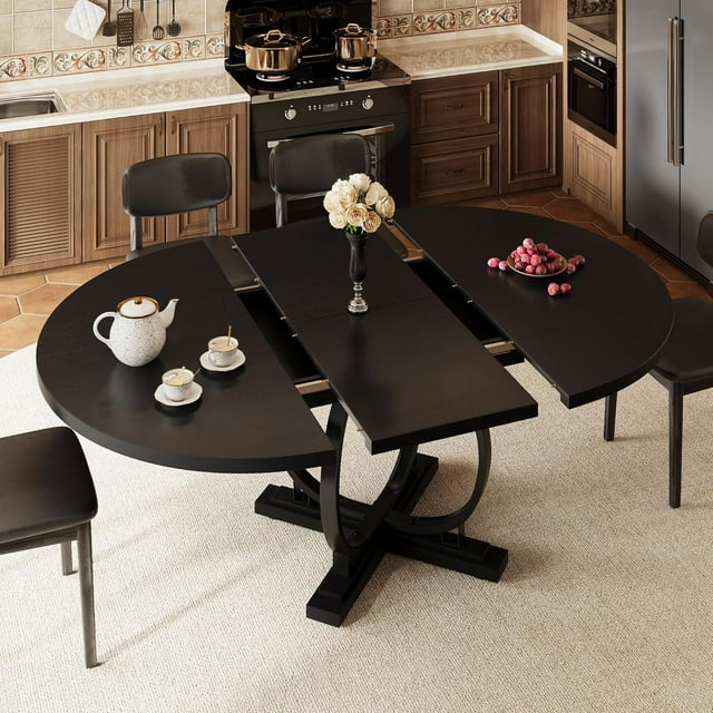 iPormis 59'' Extendable Round Dining Table for 4 to 8, Kitchen Table with Sturdy X-Base Metal Legs