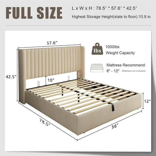 iPormis Full Size Bed Frame with Lift up Storage & Wingback Headboard