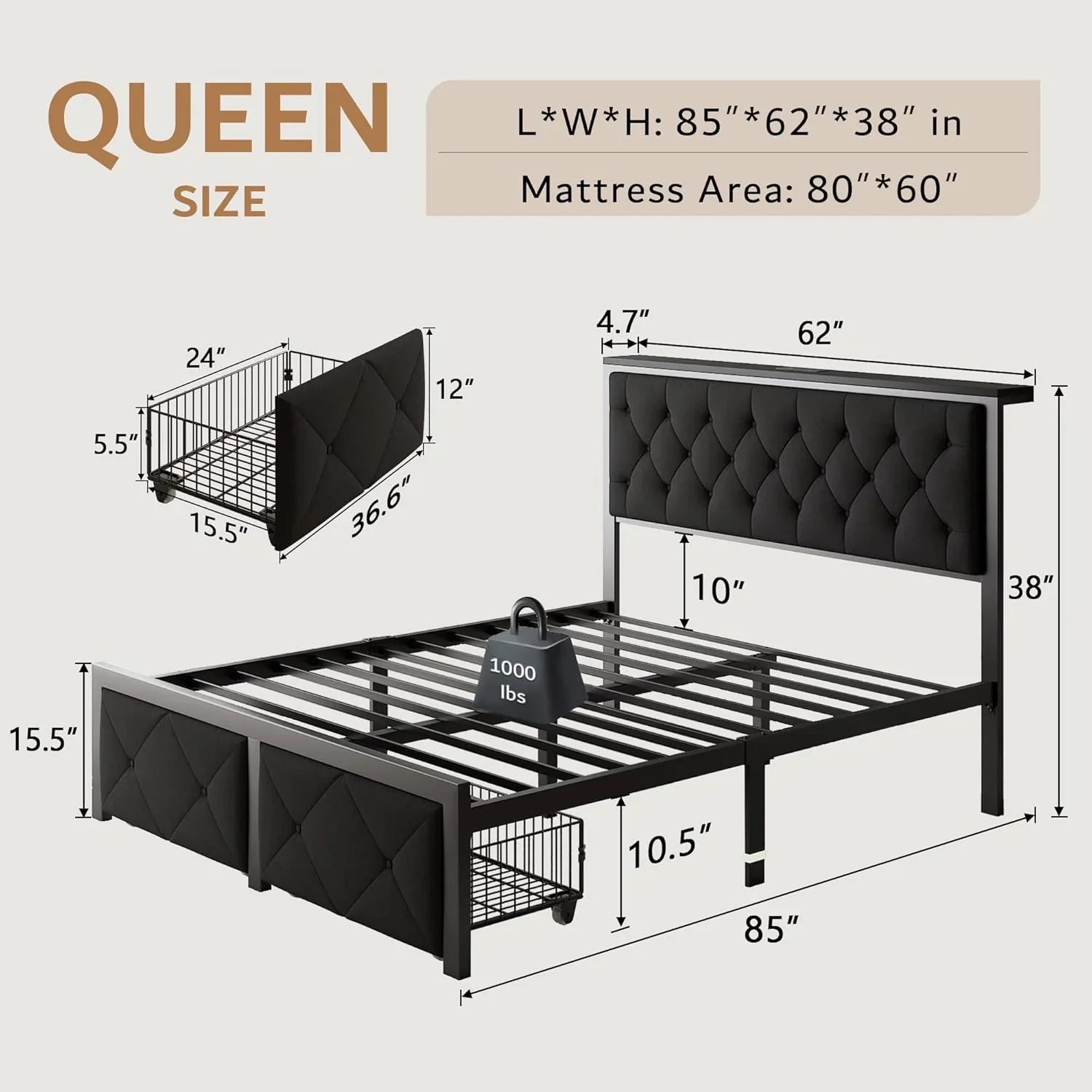 iPormis Bed Frame with Storage Drawers