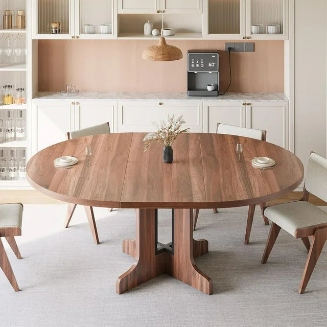 iPormis 59" Extendable Round Dining Table for 6 Modern Kitchen Table with Sturdy Wooden Base, Dining Room Table with Thickened MDF Board