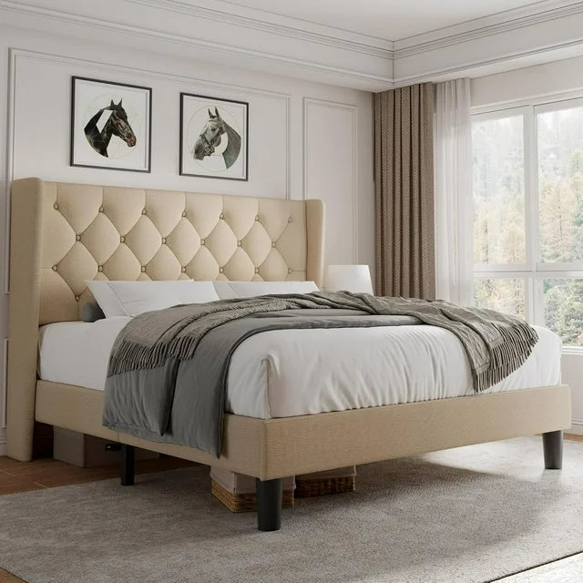 iPormis Bed Frame with Diamond Button Tufted Wingback Headboard, Upholstered Platform Bed Frame