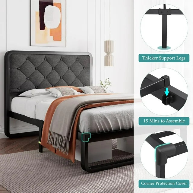 iPormis Queen Size Metal Bed Frame with Linen Upholstered Headboard, 12'' Underbed Space