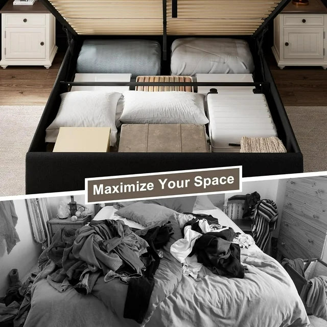 iPormis Full Size Bed Frame with Lift up Storage & Wingback Headboard