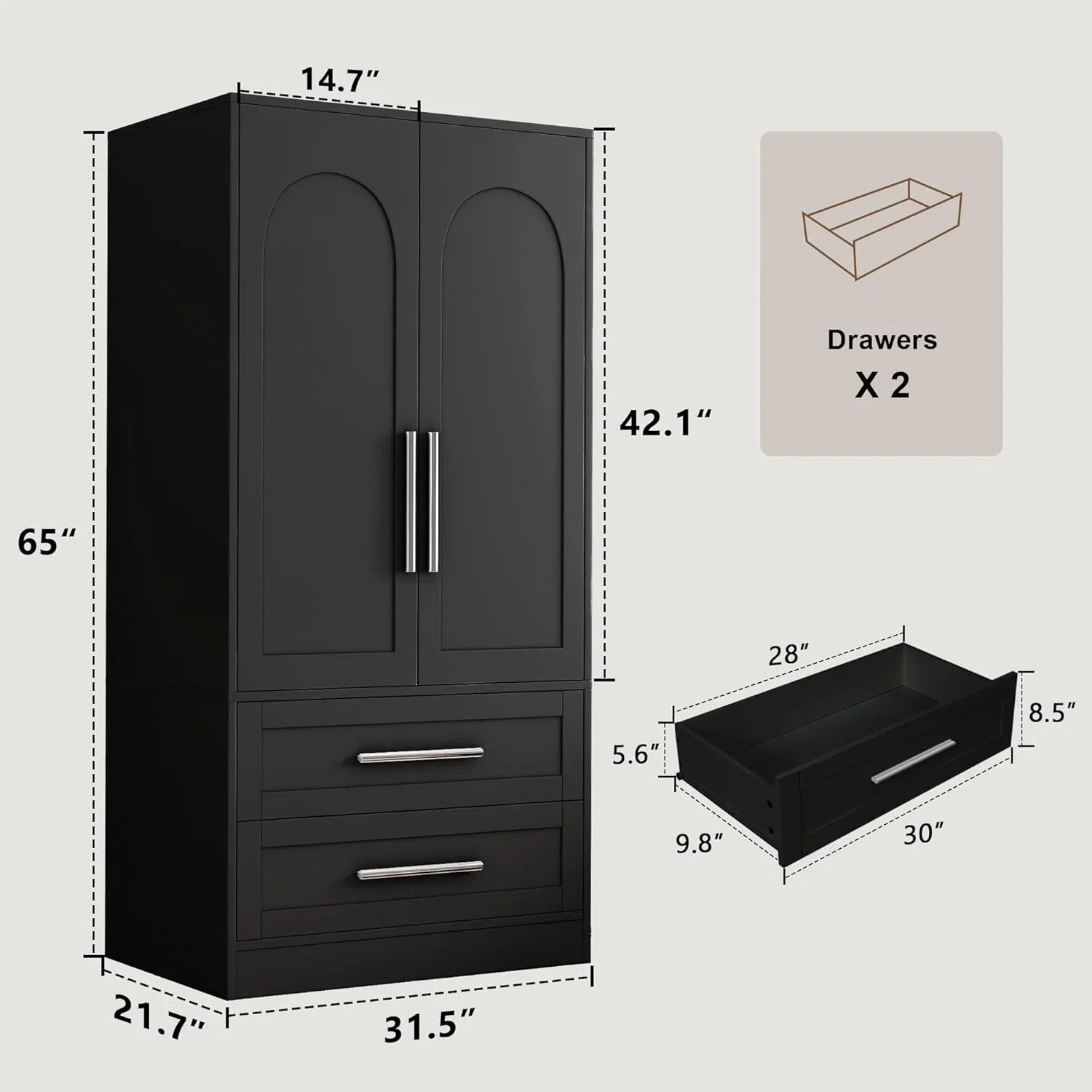 iPormis Wooden Armoire Wardrobe Closet with 2 Drawers, Clothing Storage Cabinet