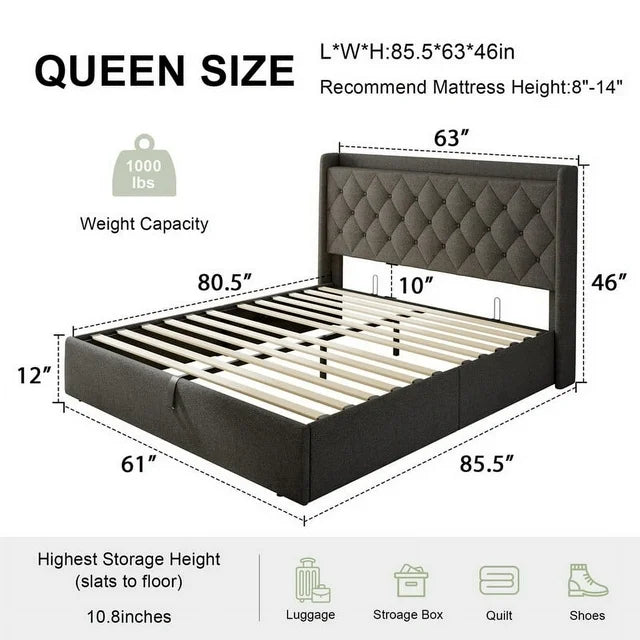 iPormis Queen Size Bed Frame with Lift up Storage & Charging Station, Button Tufted Wingback Upholstered Headboard