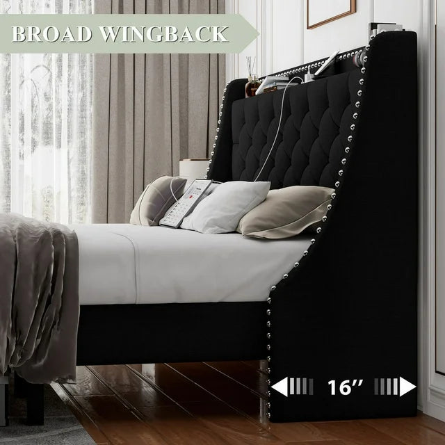 iPormis Full Bed Frame with Upholstered Wingback Button Tufted Storage Headboard
