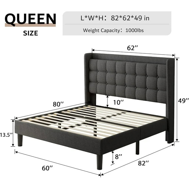 ipormis Full Size Bed Frame with Charging Station，Upholstered Platform Bed Frame with Wingback Storage Headboard
