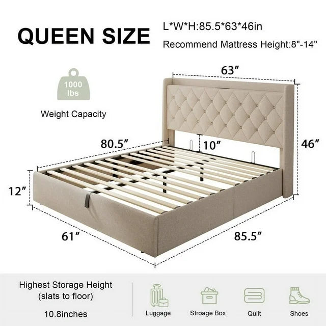 iPormis Queen Size Bed Frame with Lift up Storage & Charging Station, Button Tufted Wingback Upholstered Headboard