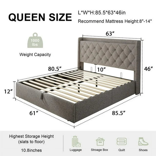 iPormis Queen Size Bed Frame with Lift up Storage & Charging Station, Button Tufted Wingback Upholstered Headboard