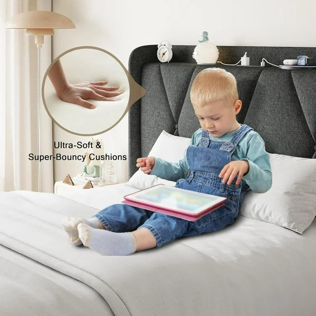 iPormis Bed Frame with Charging Station , Upholstered Bed with 4 Storage Drawers