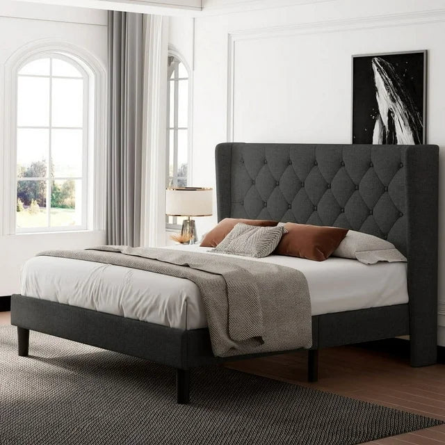 iPormis Bed Frame with Diamond Button Tufted Wingback Headboard, Upholstered Platform Bed Frame