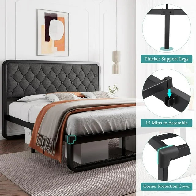 iPormis Queen Size Metal Bed Frame with Linen Upholstered Headboard, 12'' Underbed Space