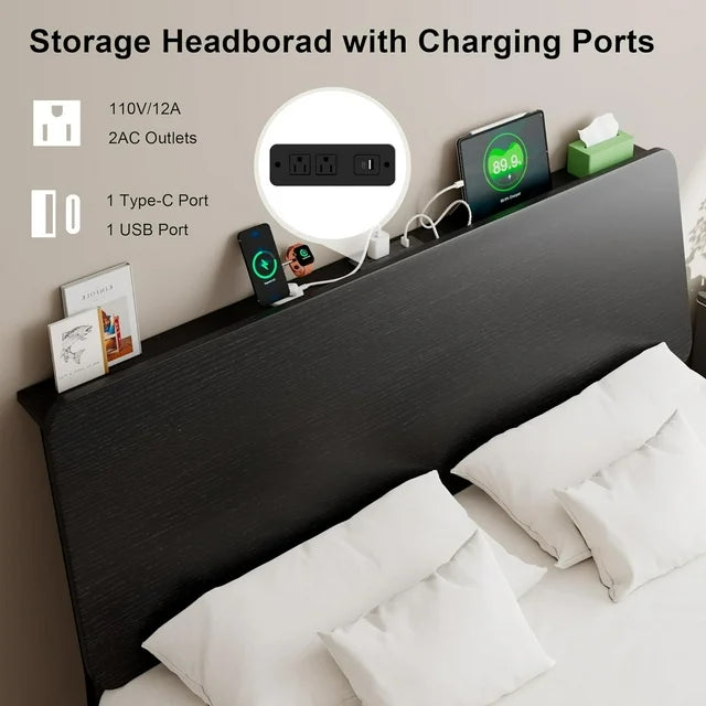 iPormis Bed Frame with Ergonomic Storage Headboard & Charging Station