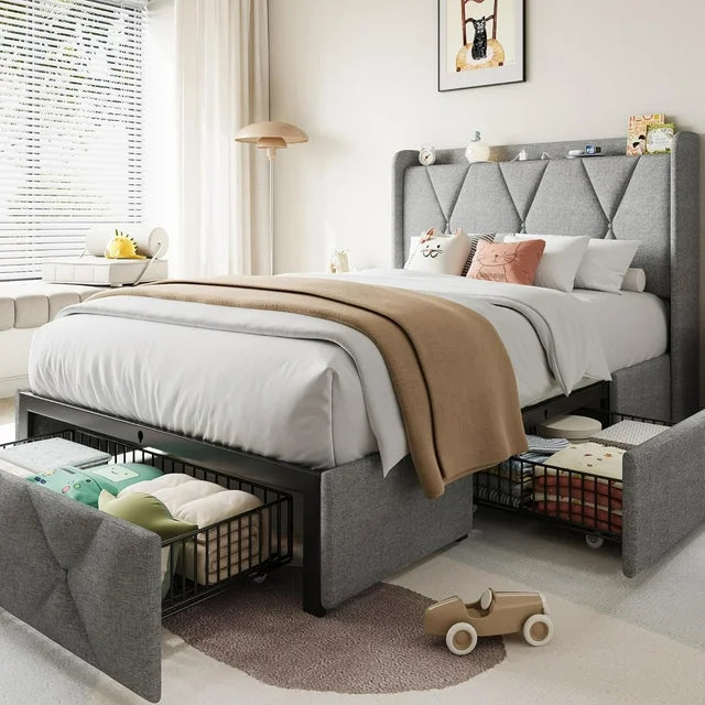 iPormis Bed Frame with Charging Station , Upholstered Bed with 4 Storage Drawers