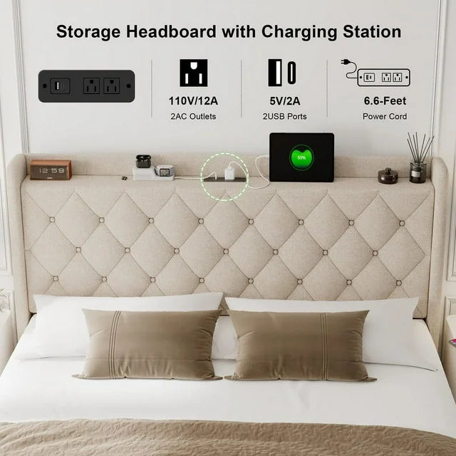 iPormis Queen Size Bed Frame with Lift up Storage & Charging Station, Button Tufted Wingback Upholstered Headboard