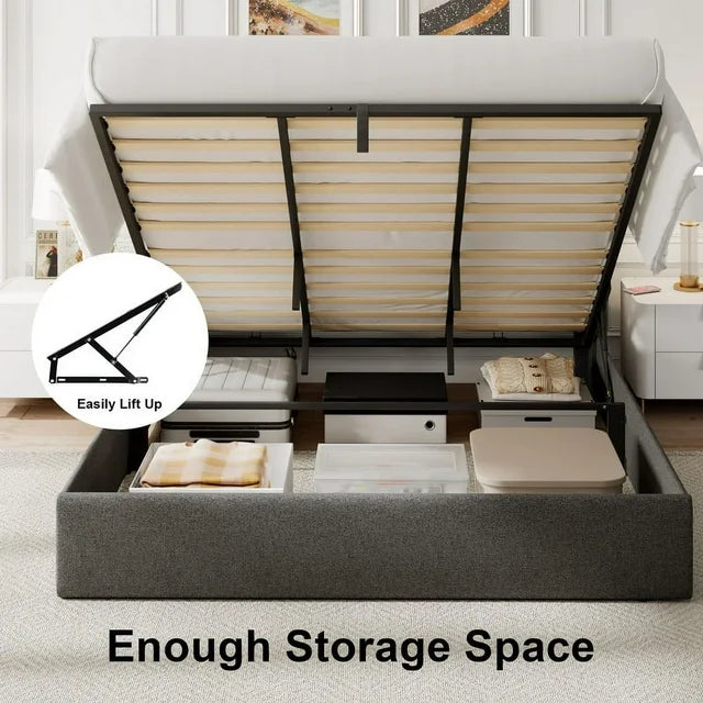 iPormis Queen Size Bed Frame with Lift up Storage & Charging Station, Button Tufted Wingback Upholstered Headboard