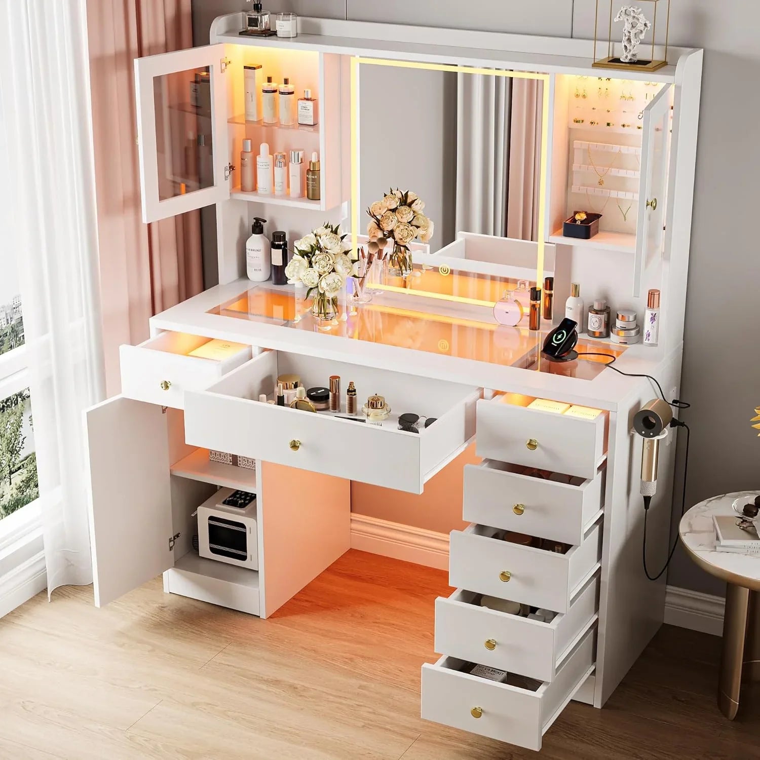 iPormis Vanity Desk with Mirror and Lights, Glass Top Makeup Vanity with RGB Light and Charging Station