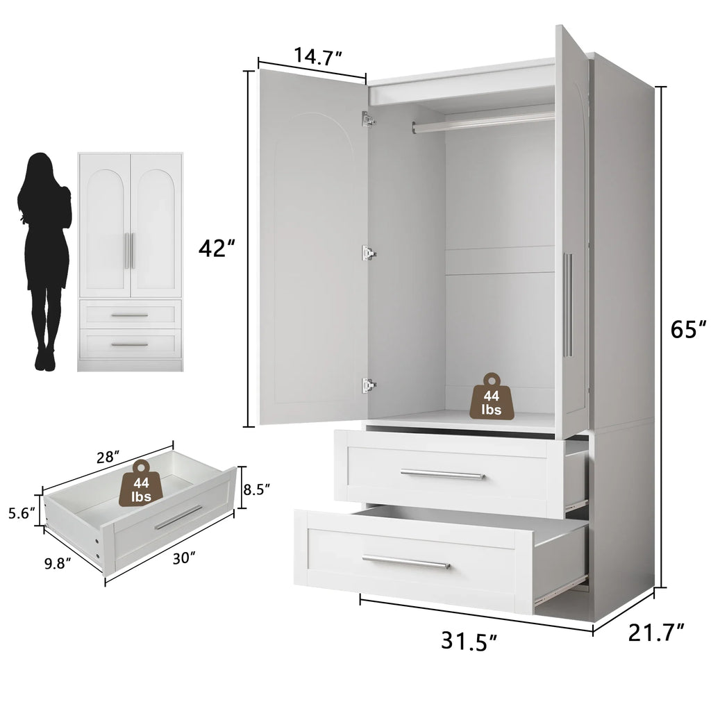 iPormis Wooden Armoire Wardrobe Closet with 2 Drawers, Clothing Storage Cabinet