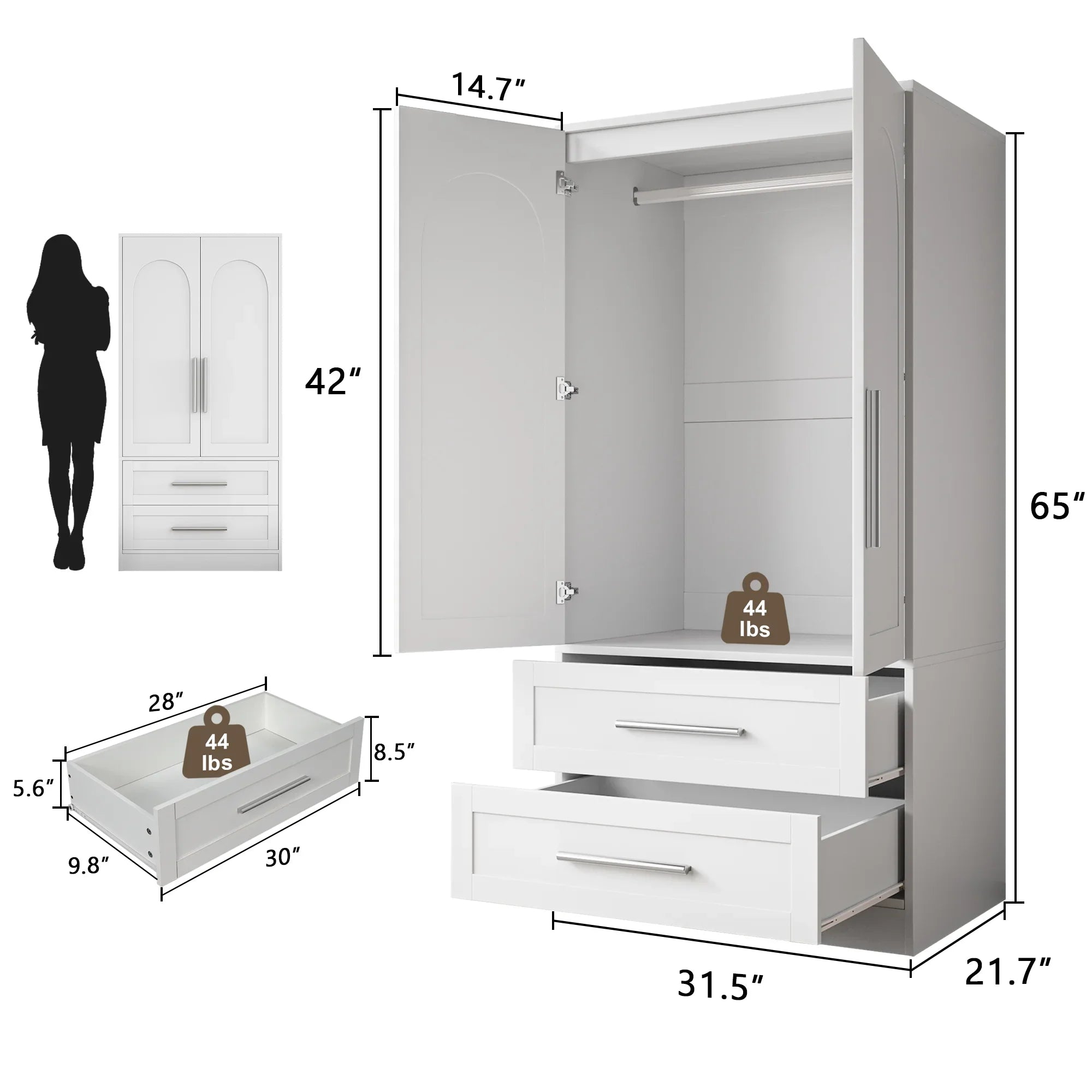 iPormis Wooden Armoire Wardrobe Closet with 2 Drawers, Clothing Storage Cabinet