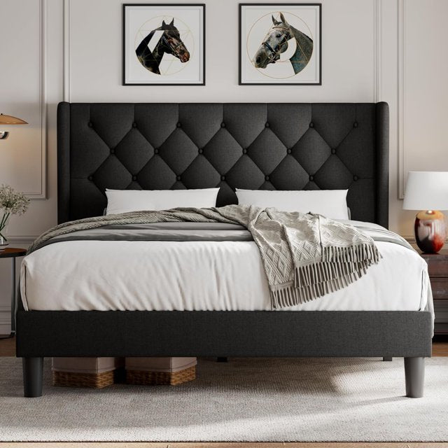 iPormis Bed Frame with Diamond Button Tufted Wingback Headboard, Upholstered Platform Bed Frame