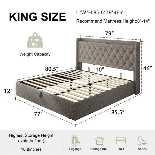 iPormis Queen Size Bed Frame with Lift up Storage & Charging Station, Button Tufted Wingback Upholstered Headboard