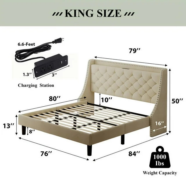 iPormis Full Bed Frame with Upholstered Wingback Button Tufted Storage Headboard