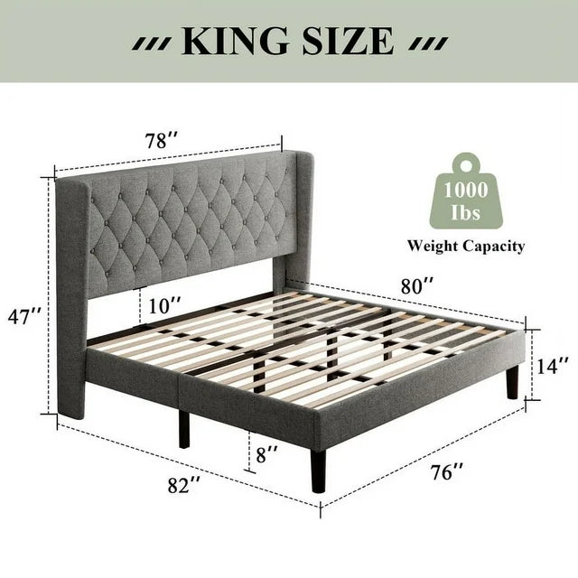 iPormis Bed Frame with Diamond Button Tufted Wingback Headboard, Upholstered Platform Bed Frame