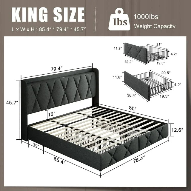 iPormis Bed Frame with Charging Station , Upholstered Bed with 4 Storage Drawers