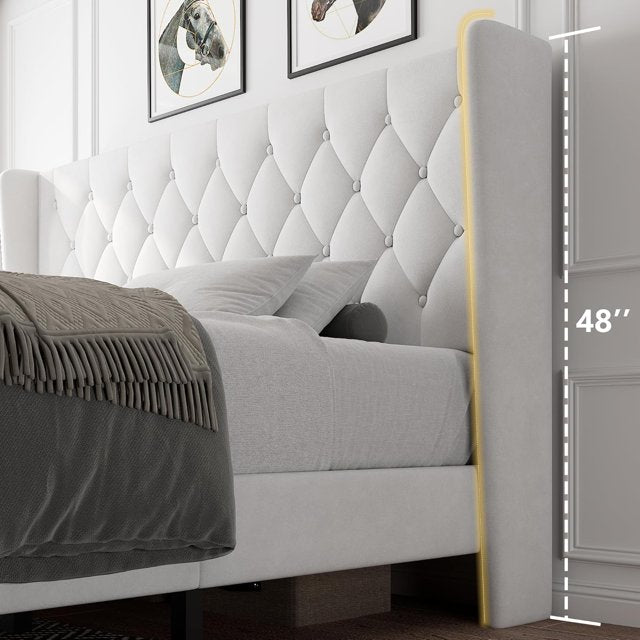 iPormis Bed Frame with Diamond Button Tufted Wingback Headboard, Upholstered Platform Bed Frame