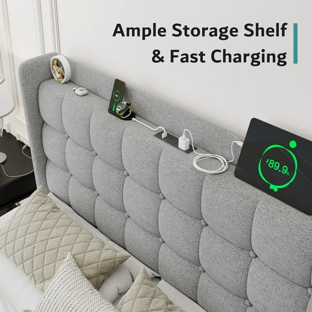 ipormis Full Size Bed Frame with Charging Station，Upholstered Platform Bed Frame with Wingback Storage Headboard
