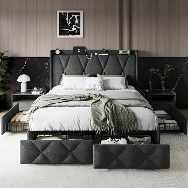 iPormis Bed Frame with Charging Station , Upholstered Bed with 4 Storage Drawers