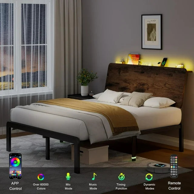 iPormis Bed Frame with Ergonomic Storage Headboard & Charging Station