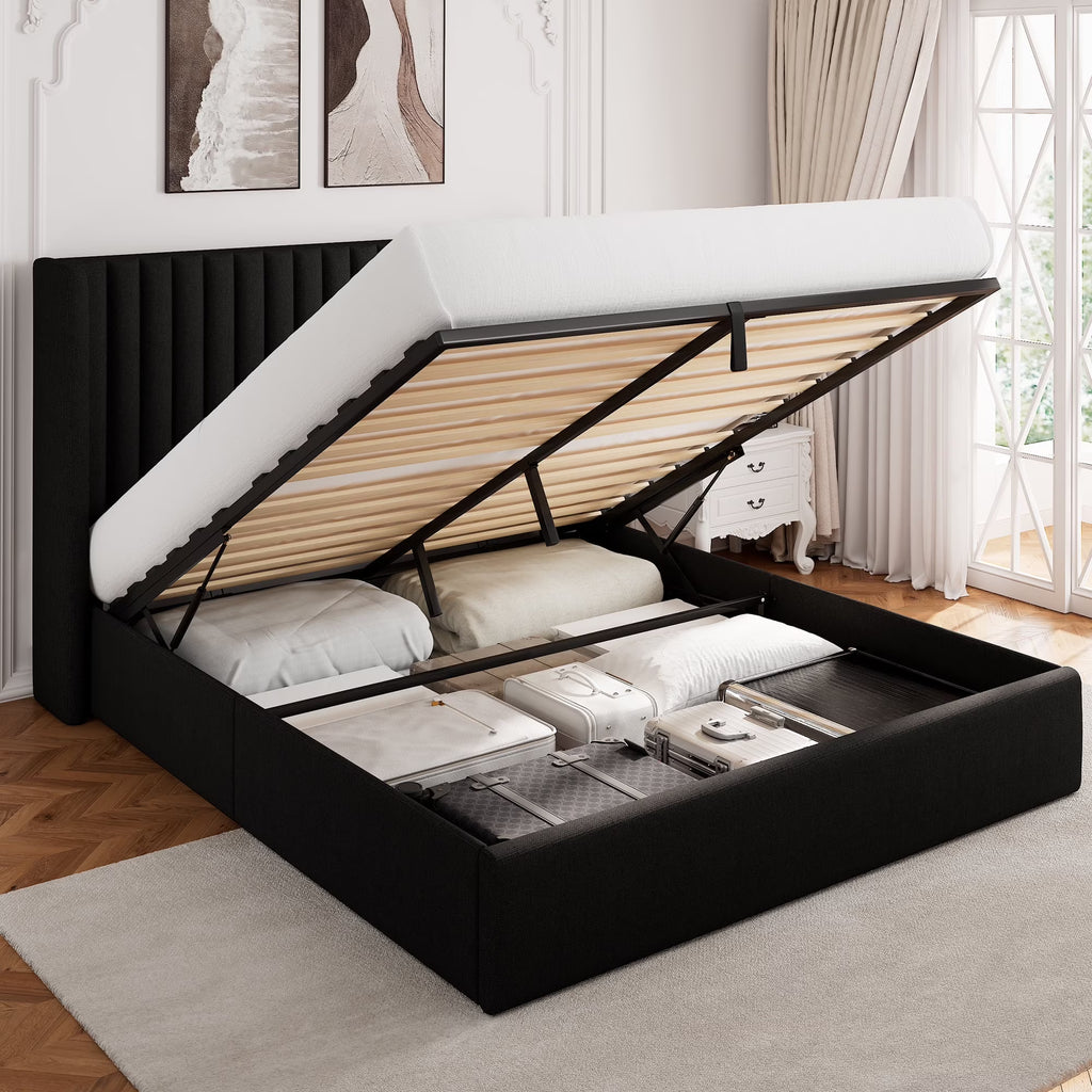 Virans Lift Up Storage Bed With Wingback Headboard, Upholstered Platform Bed Frame with Hydraulic Storage