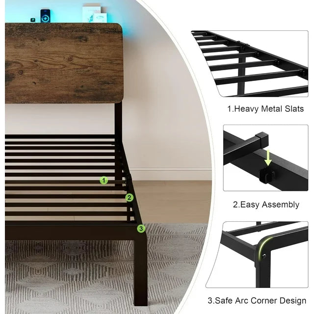 iPormis Bed Frame with Ergonomic Storage Headboard & Charging Station