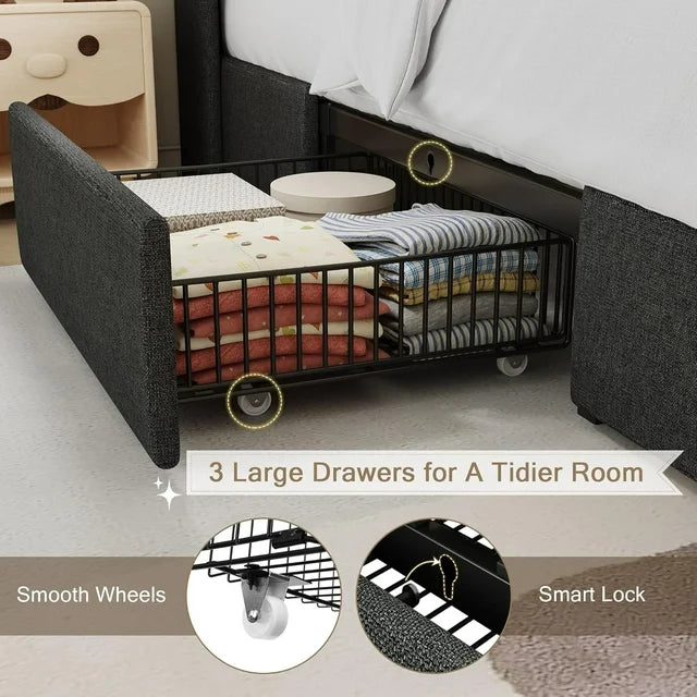 iPormis Bed Frame with Charging Station , Upholstered Bed with 4 Storage Drawers