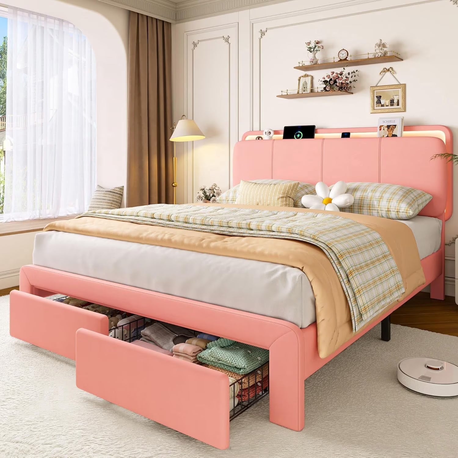 Virans Velvet Upholstered Bed Frame with Headboard & 2 Storage Drawers,Princess Platform Bed Frame with Charging Station & LED