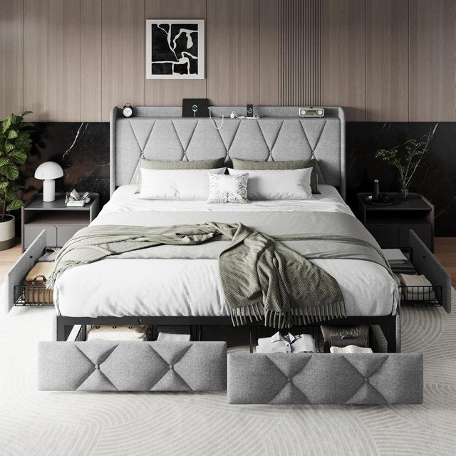 iPormis Bed Frame with Charging Station , Upholstered Bed with 4 Storage Drawers