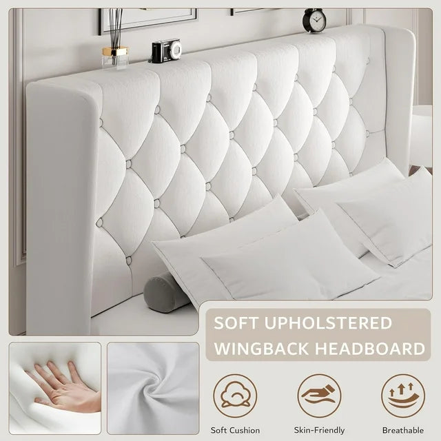 iPormis Bed Frame with Diamond Button Tufted Wingback Headboard, Upholstered Platform Bed Frame