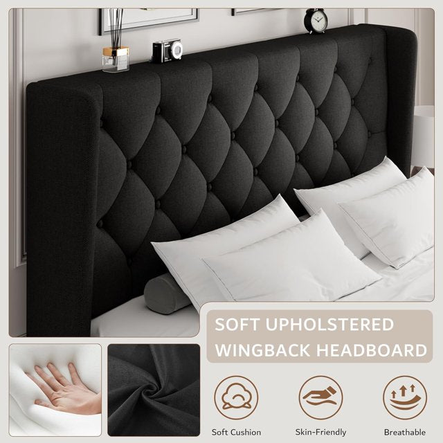 iPormis Bed Frame with Diamond Button Tufted Wingback Headboard, Upholstered Platform Bed Frame