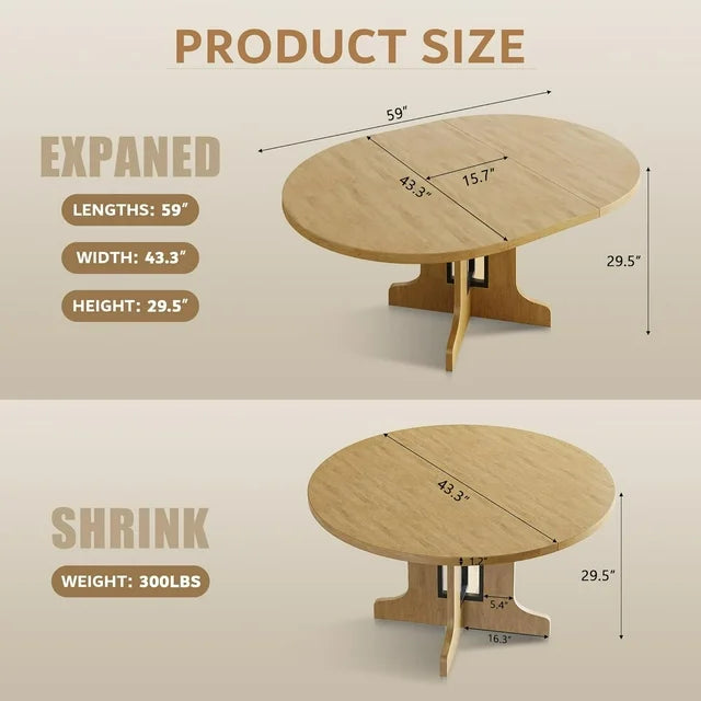 iPormis 59" Extendable Round Dining Table for 6 Modern Kitchen Table with Sturdy Wooden Base, Dining Room Table with Thickened MDF Board