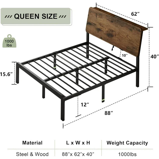 iPormis Bed Frame with Ergonomic Storage Headboard & Charging Station
