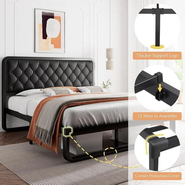 iPormis Queen Size Metal Bed Frame with Linen Upholstered Headboard, 12'' Underbed Space