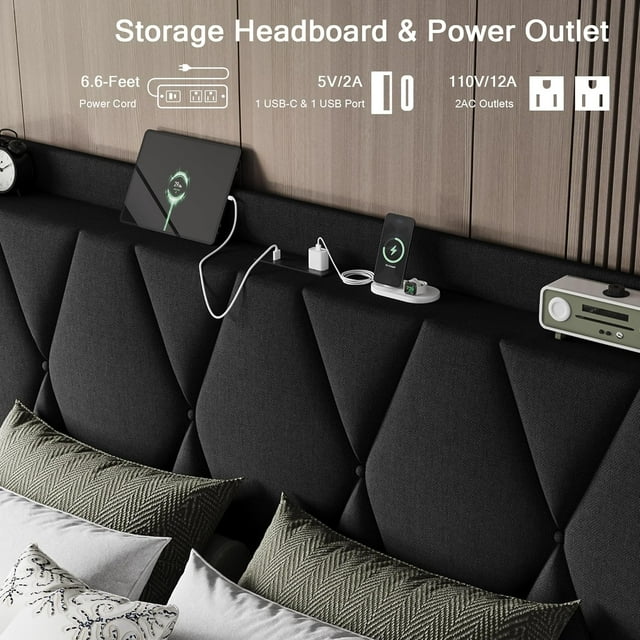 iPormis Bed Frame with Charging Station , Upholstered Bed with 4 Storage Drawers