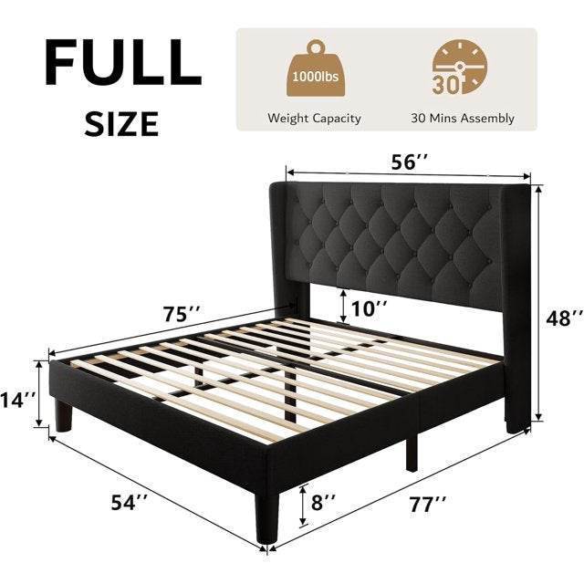 iPormis Bed Frame with Diamond Button Tufted Wingback Headboard, Upholstered Platform Bed Frame