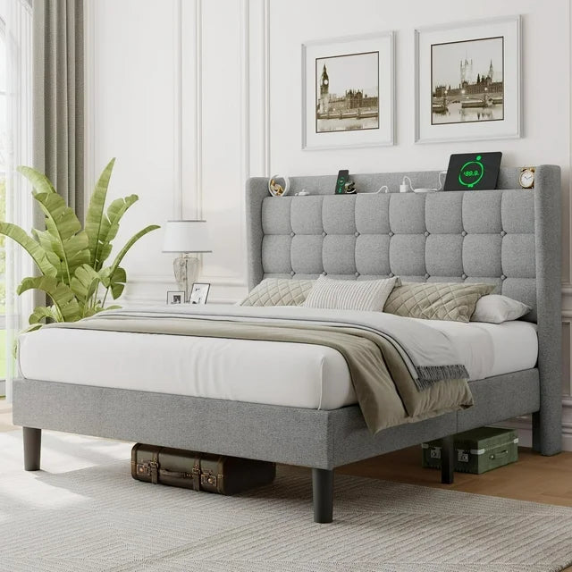 ipormis Full Size Bed Frame with Charging Station，Upholstered Platform Bed Frame with Wingback Storage Headboard