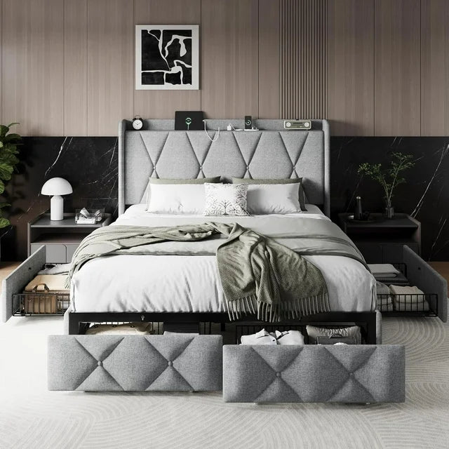 iPormis Bed Frame with Charging Station , Upholstered Bed with 4 Storage Drawers