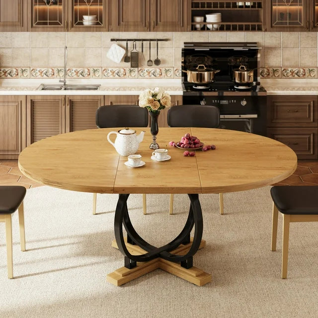 iPormis 59'' Extendable Round Dining Table for 4 to 8, Kitchen Table with Sturdy X-Base Metal Legs